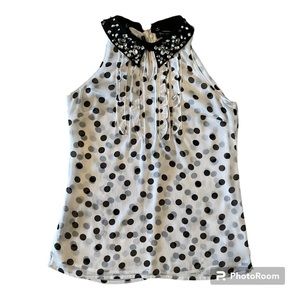 White House Black Market Polka Dot Rhinestone Collar Sheer Flowing Tank Top